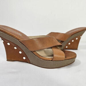 Michael Kors Benny Flip-Flop Wedge Sandal Size 7 M Brown Gold Studded
